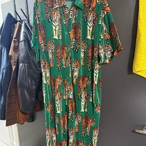 Dressed in LALA Vibrant Green Tiger Print Shirt Dress